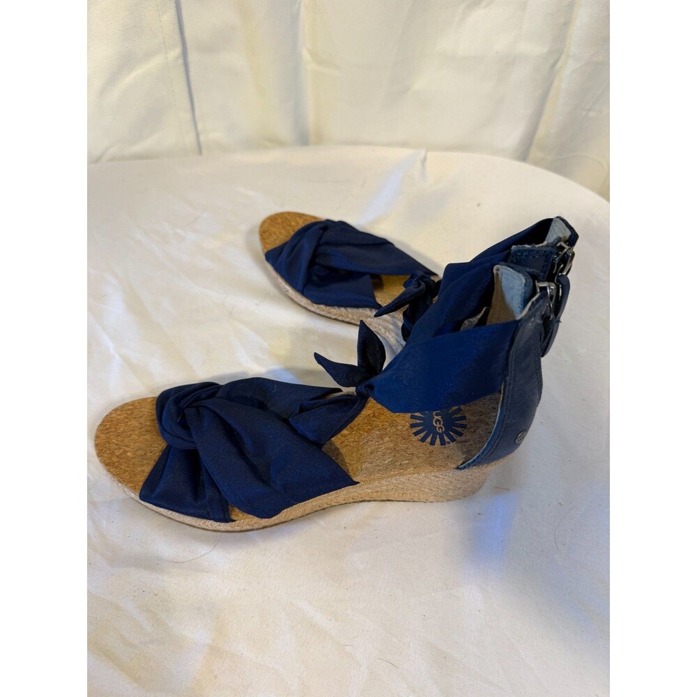 Ugg Navy Ankle Strap Sandals Women's 7.5 Wedge Shoes Heels Coquette Cottagecore - Picture 3 of 5
